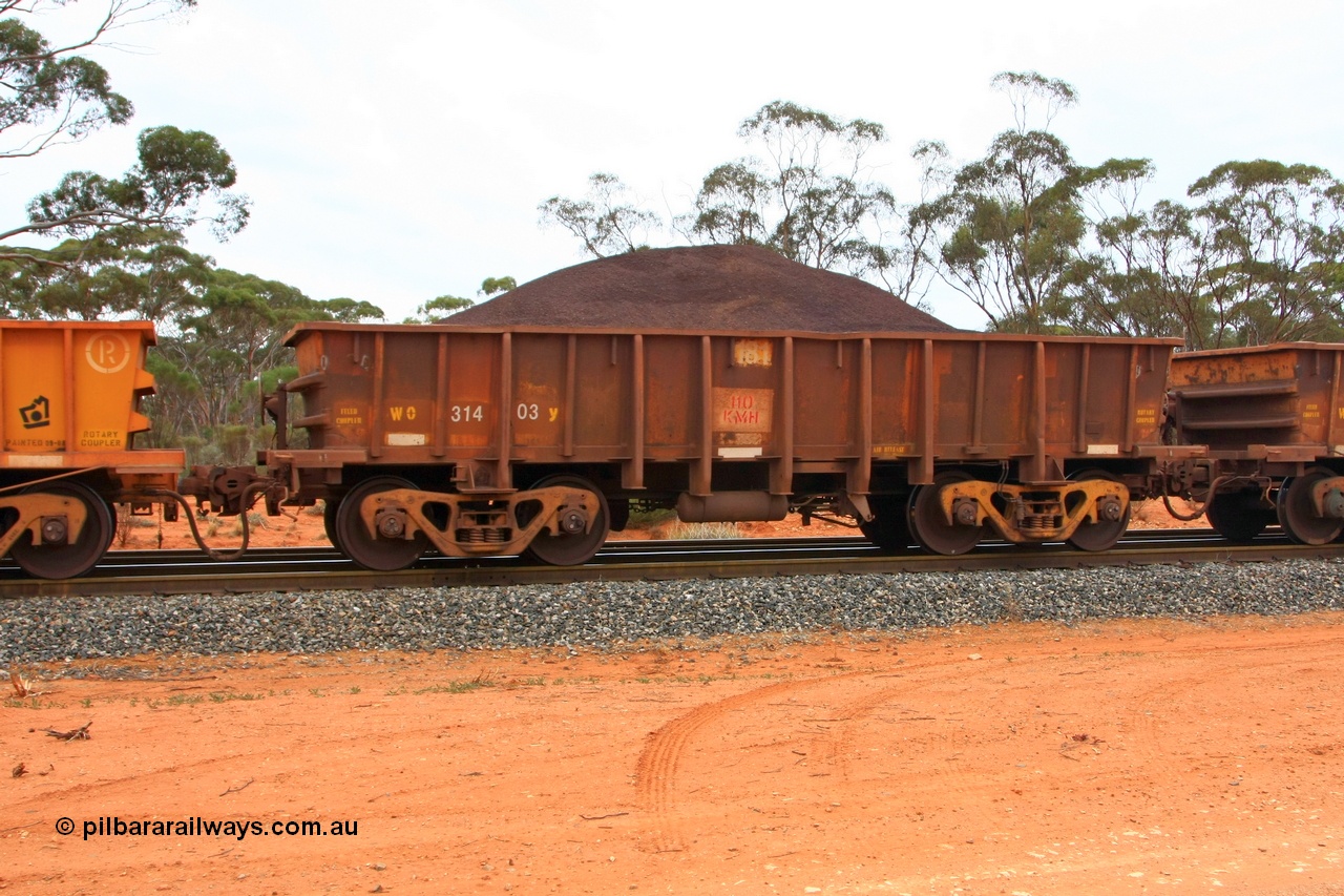 100605 9333
WO type iron ore waggon WO 31403 is one of a batch of eleven replacement waggons built by WAGR Midland Workshops between 1970 and 1971 with fleet number 181 for Koolyanobbing iron ore operations, with a 75 ton and 1018 ft³ capacity, Binduli Triangle, loaded with fines, 5th June 2010.
Keywords: WO-type;WO31403;WAGR-Midland-WS;