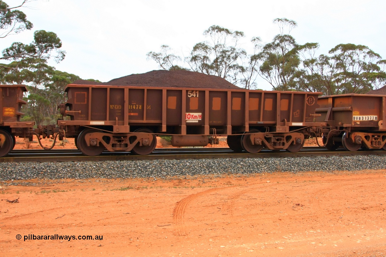 100605 9338
WOD type iron ore waggon WOD 31478 is one of a batch of sixty two built by Goninan WA between April and August 2000 with serial number 950086-050 and fleet number 541 for Koolyanobbing iron ore operations with a 75 ton capacity for Portman Mining to cart their Koolyanobbing iron ore to Esperance, now with PORTMAN painted out, Binduli Triangle, loaded with fines, 5th June 2010.
Keywords: WOD-type;WOD31478;Goninan-WA;950086-050;