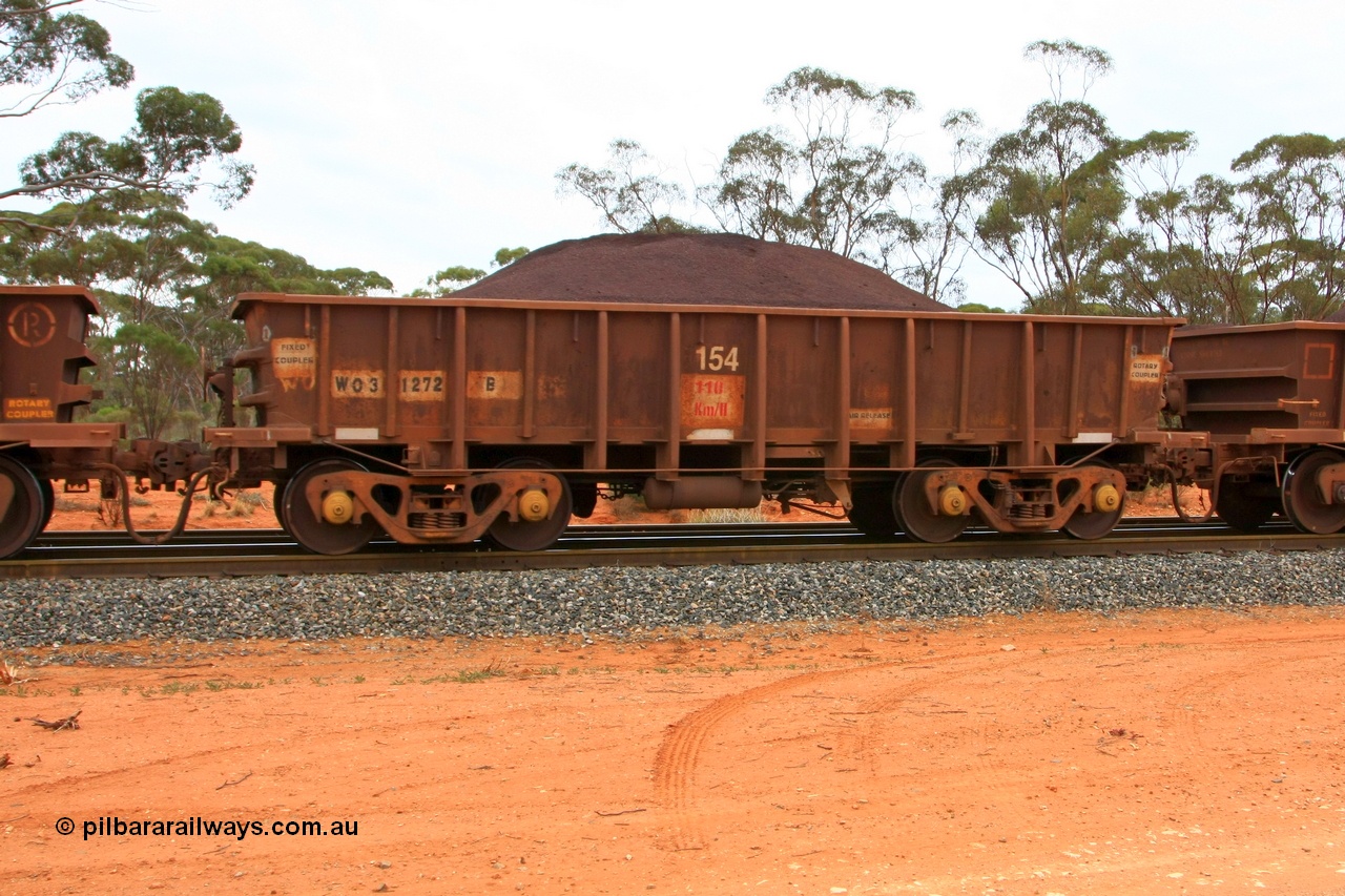 100605 9343
WO type iron ore waggon WO 31272 is one of a batch of eighty six built by WAGR Midland Workshops between 1967 and March 1968 with fleet number 154 for Koolyanobbing iron ore operations, with a 75 ton and 1018 ft³ capacity, Binduli Triangle, loaded with fines, 5th June 2010.
Keywords: WO-type;WO31272;WAGR-Midland-WS;