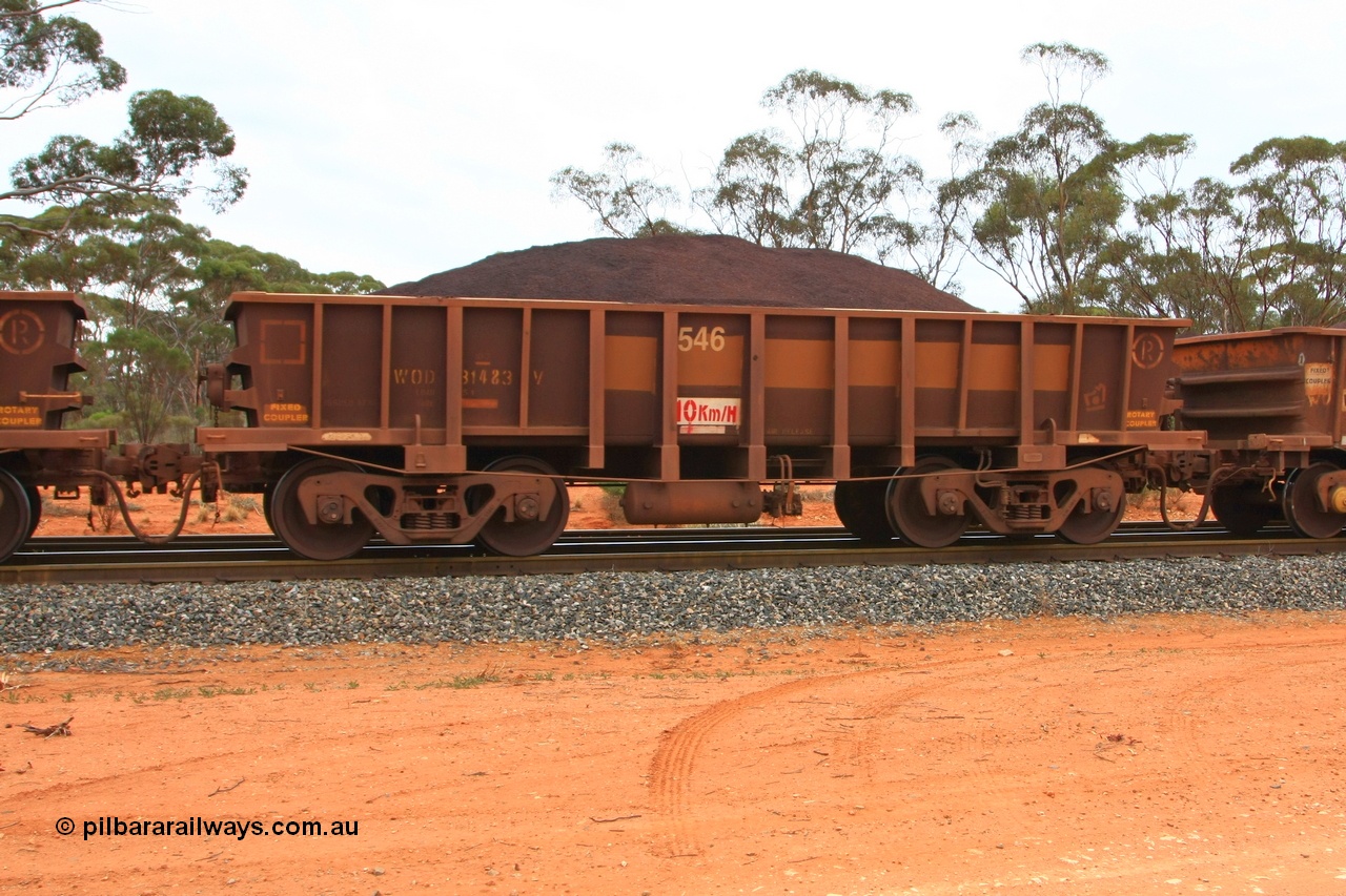 100605 9344
WOD type iron ore waggon WOD 31483 is one of a batch of sixty two built by Goninan WA between April and August 2000 with serial number 950086-055 and fleet number 546 for Koolyanobbing iron ore operations with a 75 ton capacity for Portman Mining to cart their Koolyanobbing iron ore to Esperance, now with PORTMAN painted out, Binduli Triangle, loaded with fines, 5th June 2010.
Keywords: WOD-type;WOD31483;Goninan-WA;950086-055;