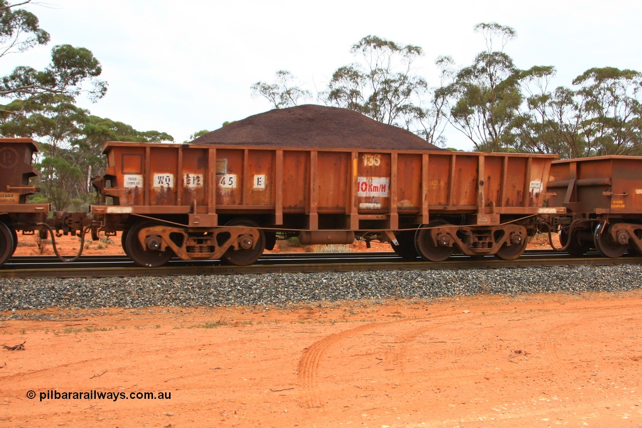 100605 9347
WO type iron ore waggon WO 31245 is one of a batch of sixty two built by Goninan WA between April and August 2000 with serial number 950086-007 and fleet number 136 for Koolyanobbing iron ore operations, and is a Goninan built replacement WO type waggon that replaces the original WAGR built WO type waggon with the newer style WOD type and has square features opposed to the curved ones as on the original WO class, Binduli Triangle, loaded with fines, 5th June 2010.
Keywords: WO-type;WO31245;Goninan-WA;950086-007;