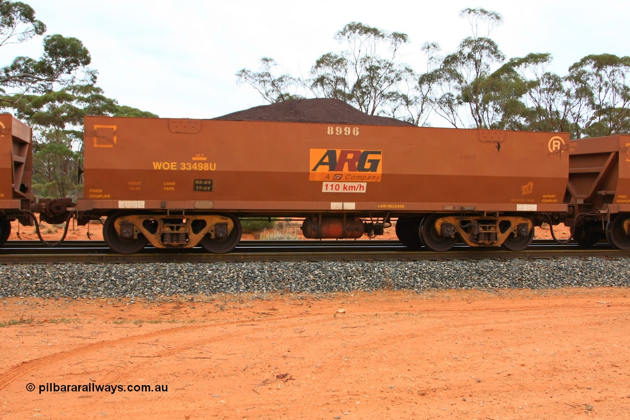 100605 9353
WOE type iron ore waggon WOE 33498 is one of a batch of one hundred and twenty eight built by United Group Rail WA between August 2008 and March 2009 with serial number 950211-038 and fleet number 8996 for Koolyanobbing iron ore operations, with ARG decal, build date of 10/2008 and revised load of 82.5 tonnes, seen here Binduli Triangle 5th June 2010.
Keywords: WOE-type;WOE33498;United-Group-Rail-WA;950211-038;