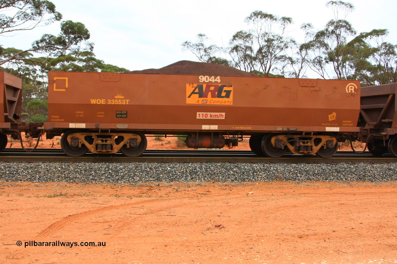 100605 9355
WOE type iron ore waggon WOE 33553 is one of a batch of one hundred and twenty eight built by United Group Rail WA between August 2008 and March 2009 with serial number 950211-093 and fleet number 9044 for Koolyanobbing iron ore operations, seen here Binduli Triangle 5th June 2010.
Keywords: WOE-type;WOE33553;United-Group-Rail-WA;950211-093;
