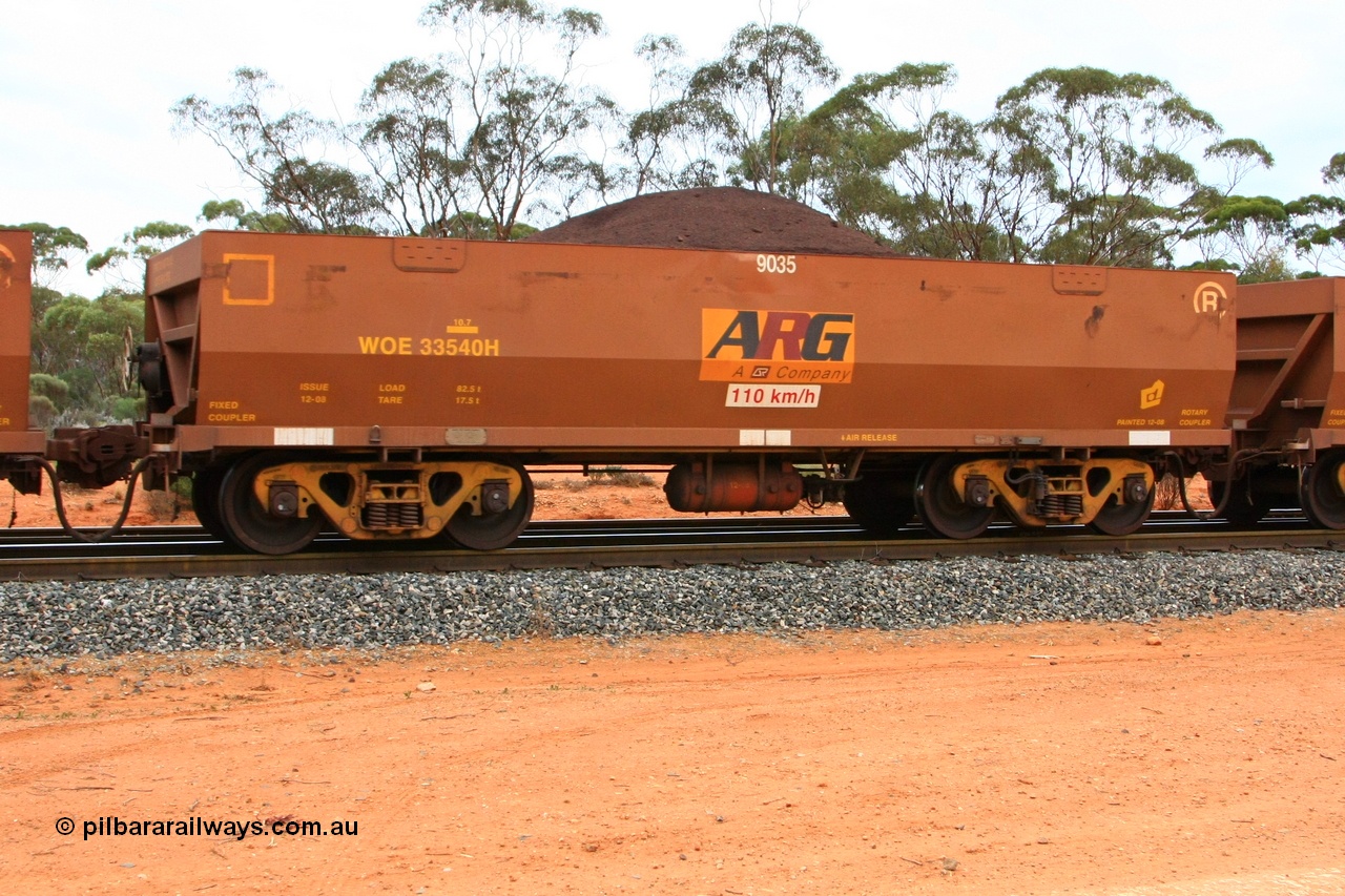 100605 9359
WOE type iron ore waggon WOE 33540 is one of a batch of one hundred and twenty eight built by United Group Rail WA between August 2008 and March 2009 with serial number 950211-080 and fleet number 9035 for Koolyanobbing iron ore operations, seen here Binduli Triangle 5th June 2010.
Keywords: WOE-type;WOE33540;United-Group-Rail-WA;950211-080;