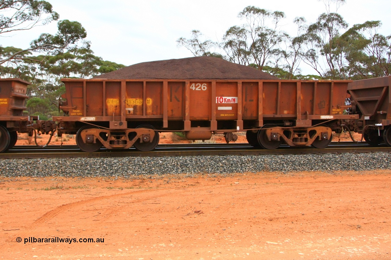 100605 9360
WOC type iron ore waggon WOC 31366 is one of a batch of thirty built by Goninan WA between October 1997 to January 1998 with fleet number 426 for Koolyanobbing iron ore operations with a 75 ton capacity and lettered for KIPL, Koolyanobbing Iron Pty Ltd with the I and P panted over, Binduli Triangle 5th June 2010.
Keywords: WOC-type;WOC31366;Goninan-WA;
