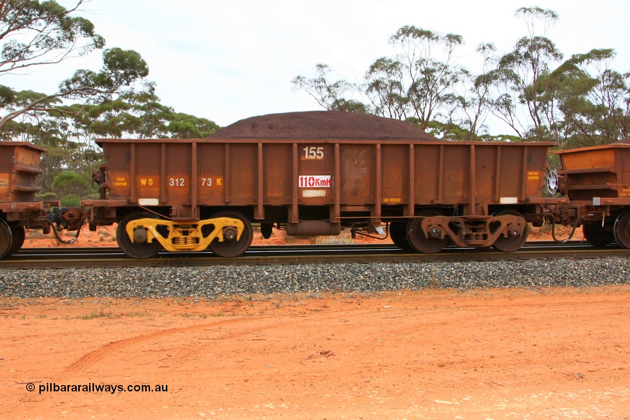 100605 9361
WO type iron ore waggon WO 31273 is one of a batch of eighty six built by WAGR Midland Workshops between 1967 and March 1968 with fleet number 155 for Koolyanobbing iron ore operations, with a 75 ton and 1018 ft³ capacity, Binduli Triangle, loaded with fines, 5th June 2010. This unit was converted to WOC for coal in 1986 till 1994 when it was re-classed back to WO.
Keywords: WO-type;WO31273;WAGR-Midland-WS;