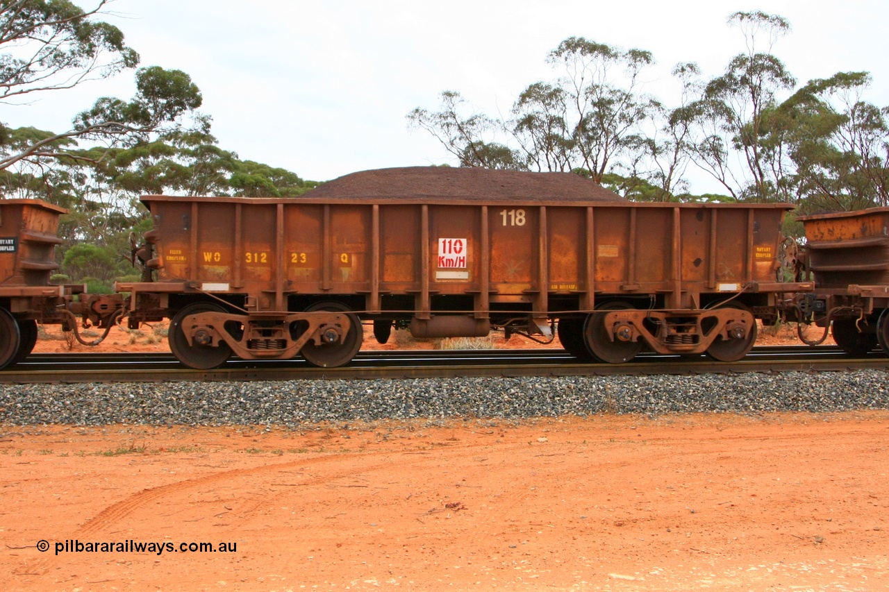 100605 9363
WO type iron ore waggon WO 31223 is one of a batch of eighty six built by WAGR Midland Workshops between 1967 and March 1968 with fleet number 118 for Koolyanobbing iron ore operations, with a 75 ton and 1018 ft³ capacity, Binduli Triangle, loaded with fines, 5th June 2010. This unit was converted to WOC for coal in 1986 till 1994 when it was re-classed back to WO.
Keywords: WO-type;WO31223;WAGR-Midland-WS;