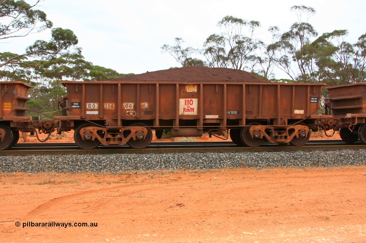 100605 9364
WO type iron ore waggon WO 31406 is one of a batch of eleven replacement waggons built by WAGR Midland Workshops between 1970 and 1971 with fleet number 184 for Koolyanobbing iron ore operations, with a 75 ton and 1018 ft³ capacity, Binduli Triangle, loaded with fines, 5th June 2010.
Keywords: WO-type;WO31406;WAGR-Midland-WS;