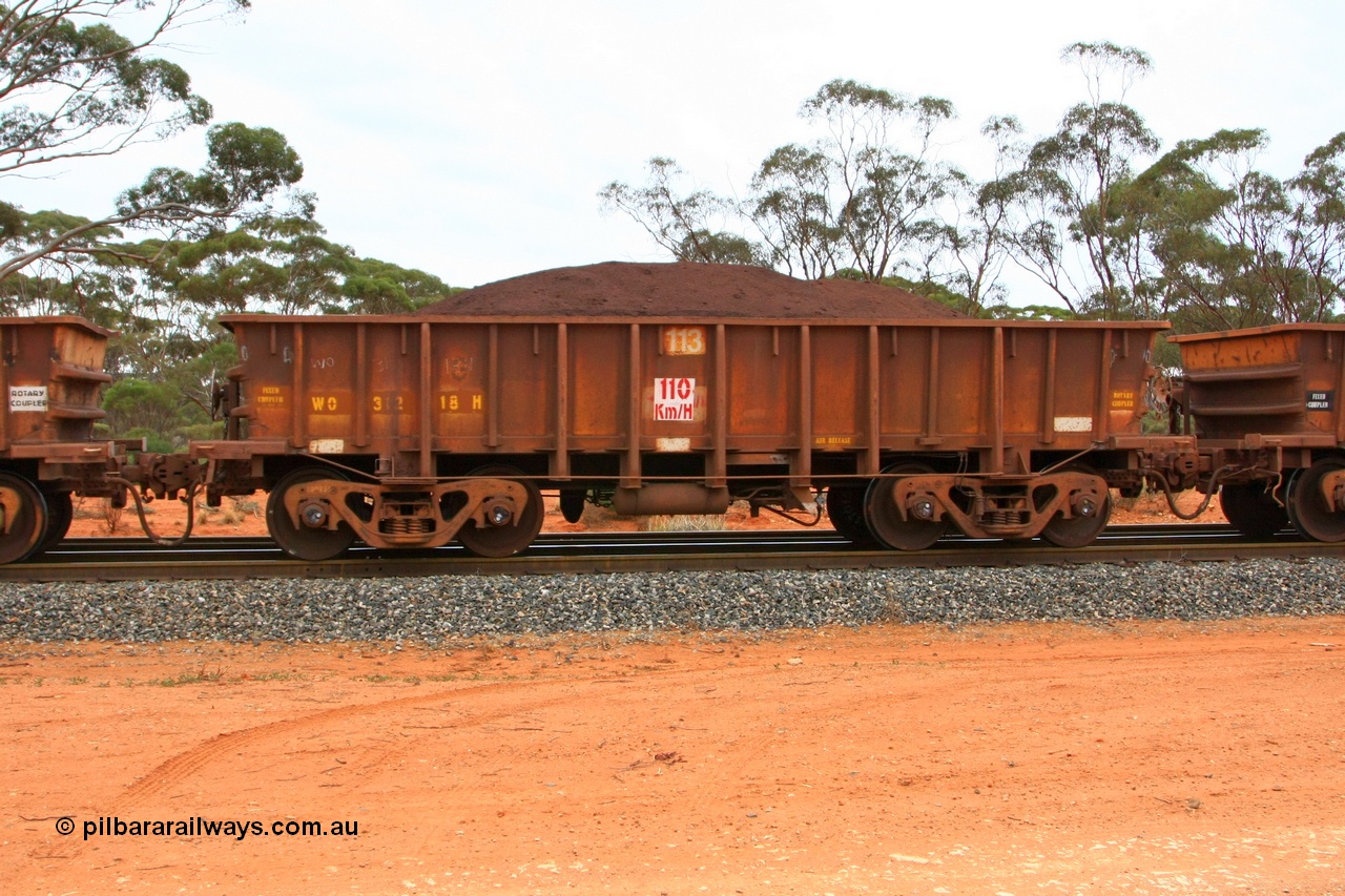 100605 9365
WO type iron ore waggon WO 31218 is one of a batch of eighty six built by WAGR Midland Workshops between 1967 and March 1968 with fleet number 113 for Koolyanobbing iron ore operations, with a 75 ton and 1018 ft³ capacity, Binduli Triangle, loaded with fines, 5th June 2010. This unit was converted to WOS superphosphate in the late 1980s till 1994 when it was re-classed back to WO.
Keywords: WO-type;WO31218;WAGR-Midland-WS;WOS-type;