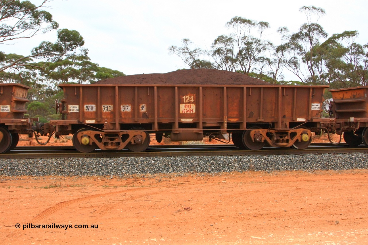 100605 9366
WO type iron ore waggon WO 31232 is one of a batch of eighty six built by WAGR Midland Workshops between 1967 and March 1968 with fleet number 124 for Koolyanobbing iron ore operations, with a 75 ton and 1018 ft³ capacity, Binduli Triangle, loaded with fines, 5th June 2010. This unit was converted to WOS superphosphate in the late 1980s till 1994 when it was re-classed back to WO.
Keywords: WO-type;WO31232;WAGR-Midland-WS;WOS-type;