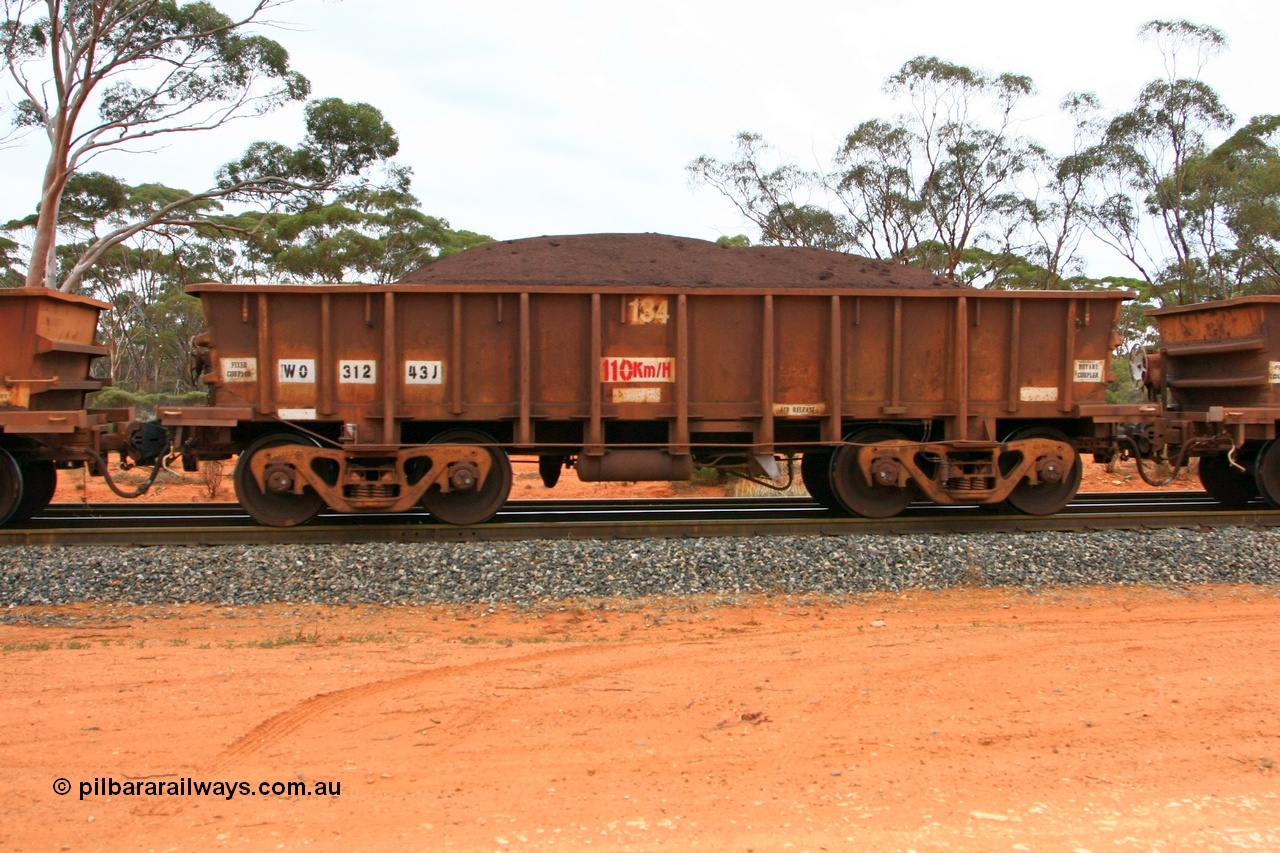 100605 9367
WO type iron ore waggon WO 31243 is one of a batch of eighty six built by WAGR Midland Workshops between 1967 and March 1968 with fleet number 134 for Koolyanobbing iron ore operations, with a 75 ton and 1018 ft³ capacity, Binduli Triangle, loaded with fines, 5th June 2010. This unit was converted to WOS superphosphate in the late 1980s till 1994 when it was re-classed back to WO.
Keywords: WO-type;WO31243;WAGR-Midland-WS;WOS-type;