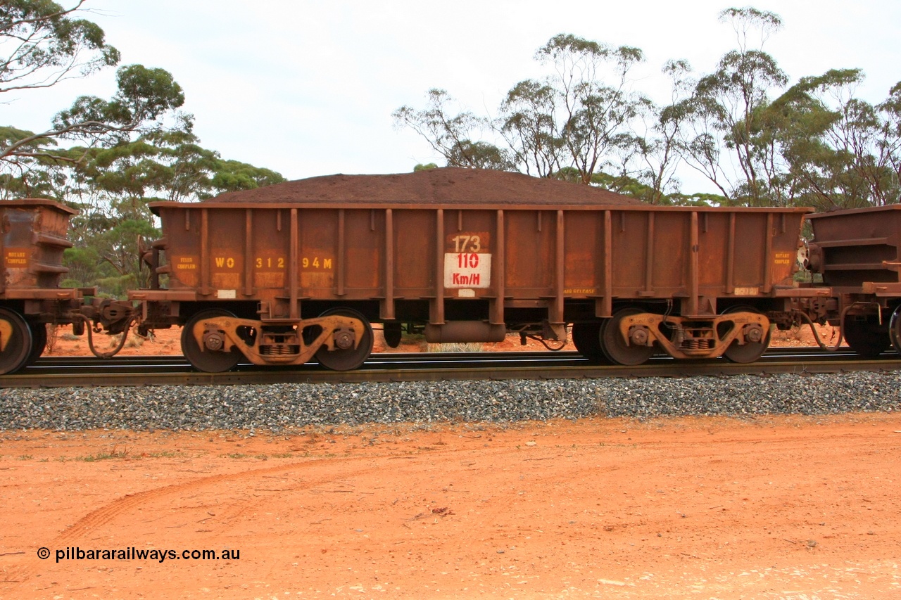 100605 9370
WO type iron ore waggon WO 31294 is one of a batch of fifteen built by WAGR Midland Workshops between July and October 1968 with fleet number for Koolyanobbing iron ore operations, with a 75 ton and 1018 ft³ capacity, Binduli Triangle, loaded with fines, 5th June 2010.
Keywords: WO-type;WO31294;WAGR-Midland-WS;