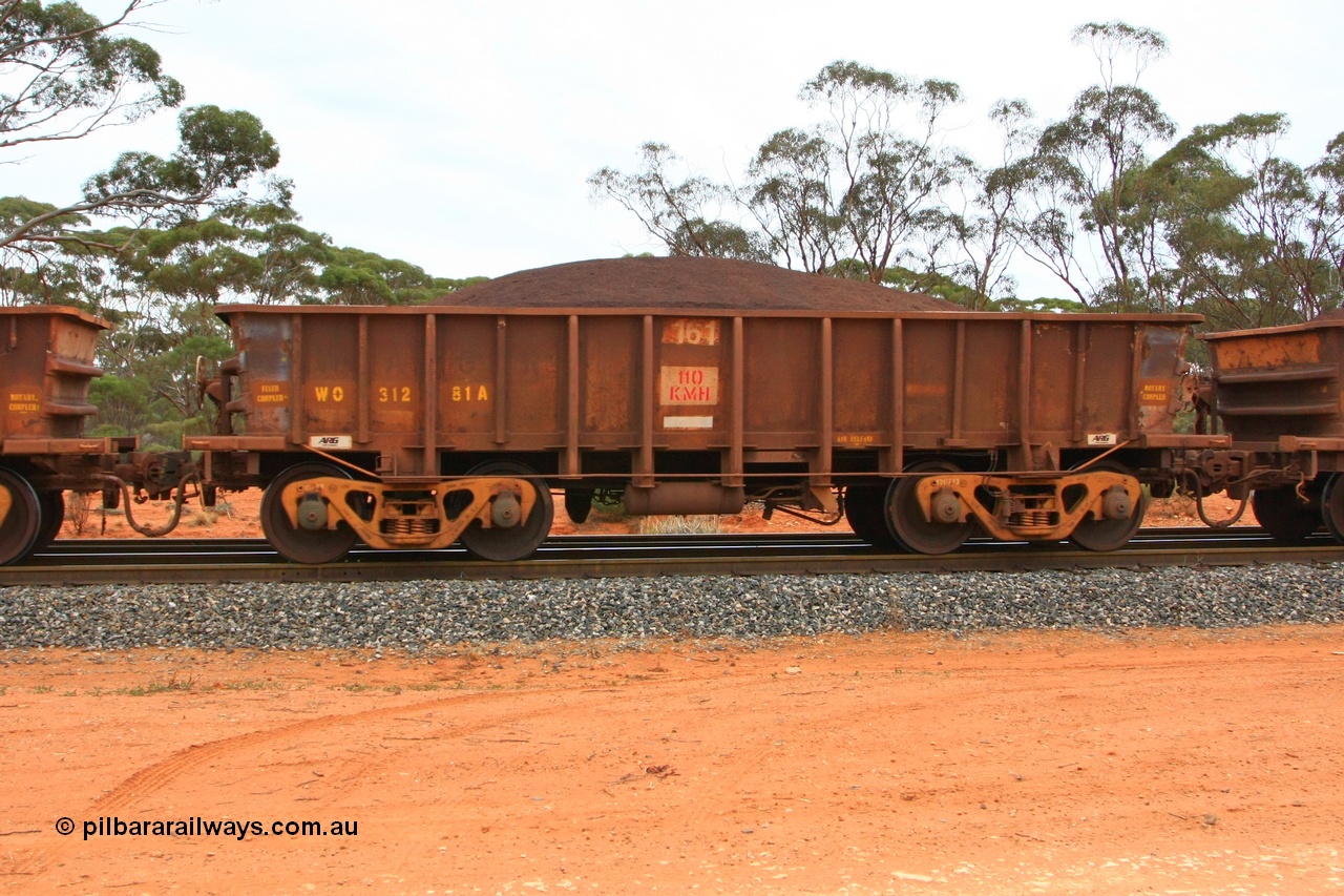 100605 9371
WO type iron ore waggon WO 31281 is one of a batch of eighty six built by WAGR Midland Workshops between 1967 and March 1968 with fleet number 161 for Koolyanobbing iron ore operations, with a 75 ton and 1018 ft³ capacity, Binduli Triangle, loaded with fines, 5th June 2010. This unit was converted to WOC for coal in 1986 till 1994 when it was re-classed back to WO.
Keywords: WO-type;WO31281;WAGR-Midland-WS;