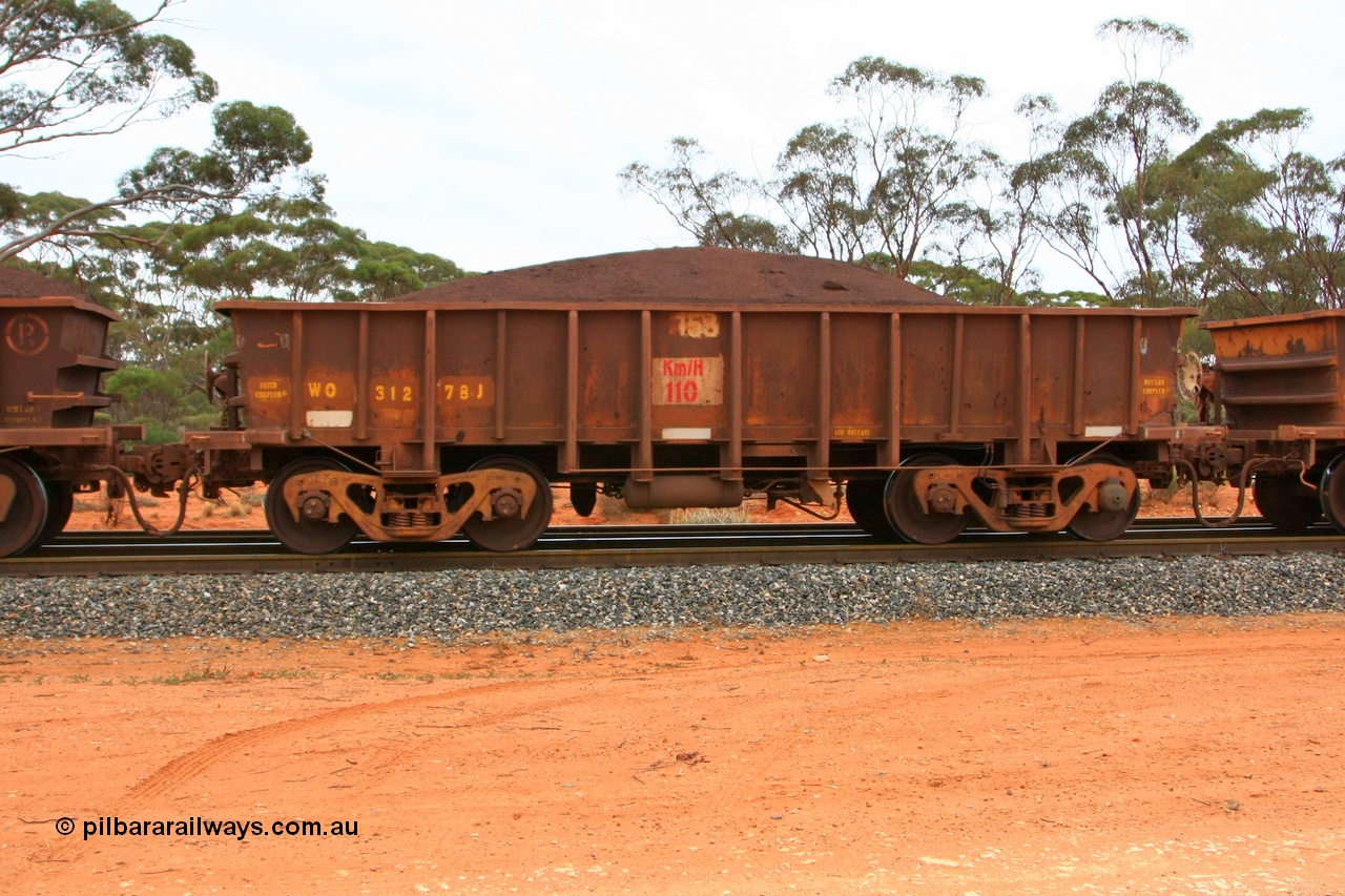 100605 9373
WO type iron ore waggon WO 31278 is one of a batch of eighty six built by WAGR Midland Workshops between 1967 and March 1968 with fleet number 158 for Koolyanobbing iron ore operations, with a 75 ton and 1018 ft³ capacity, Binduli Triangle, loaded with fines, 5th June 2010. This unit was converted to WOC for coal in 1986 till 1994 when it was re-classed back to WO.
Keywords: WO-type;WO31278;WAGR-Midland-WS;