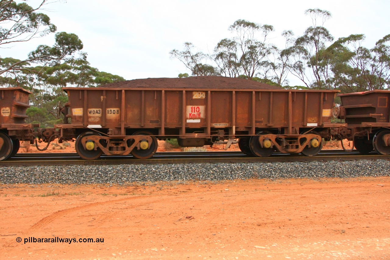 100605 9375
WOA type iron ore waggon WOA 31308 is one of a batch of thirty nine built by WAGR Midland Workshops between 1970 and 1971 with fleet number for Koolyanobbing iron ore operations, with a 75 ton and 1018 ft³ capacity, Binduli Triangle, loaded with fines, 5th June 2010.
Keywords: WOA-type;WOA31308;WAGR-Midland-WS;