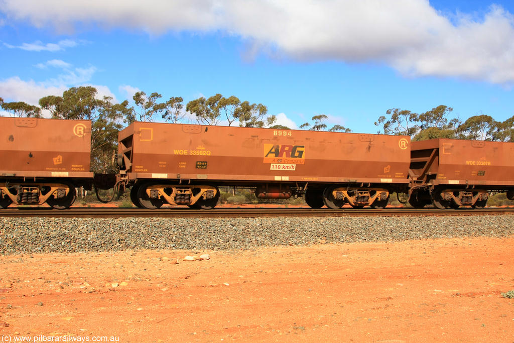 100729 01486
WOE type iron ore waggon WOE 33502 is one of a batch of one hundred and twenty eight built by United Group Rail WA between August 2008 and March 2009 with serial number 950211-042 and fleet number 8994 for Koolyanobbing iron ore operations, with ARG decal, build date of 10/2008 and revised load of 82.5 tonnes, Binduli 29th July 2010.
Keywords: WOE-type;WOE33502;United-Group-Rail-WA;950211-042;