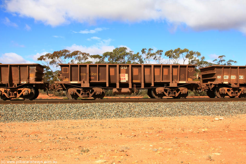 100729 01492
WOD type iron ore waggon WOD 31450 is one of a batch of sixty two built by Goninan WA between April and August 2000 with serial number 950086-022 and fleet number 513 for Koolyanobbing iron ore operations with a 75 ton capacity for Portman Mining to cart their Koolyanobbing iron ore to Esperance. Seen here on an empty train with PORTMAN painted out, Binduli Triangle, empty train 29th July 2010.
Keywords: WOD-type;WOD31450;Goninan-WA;950086-022;