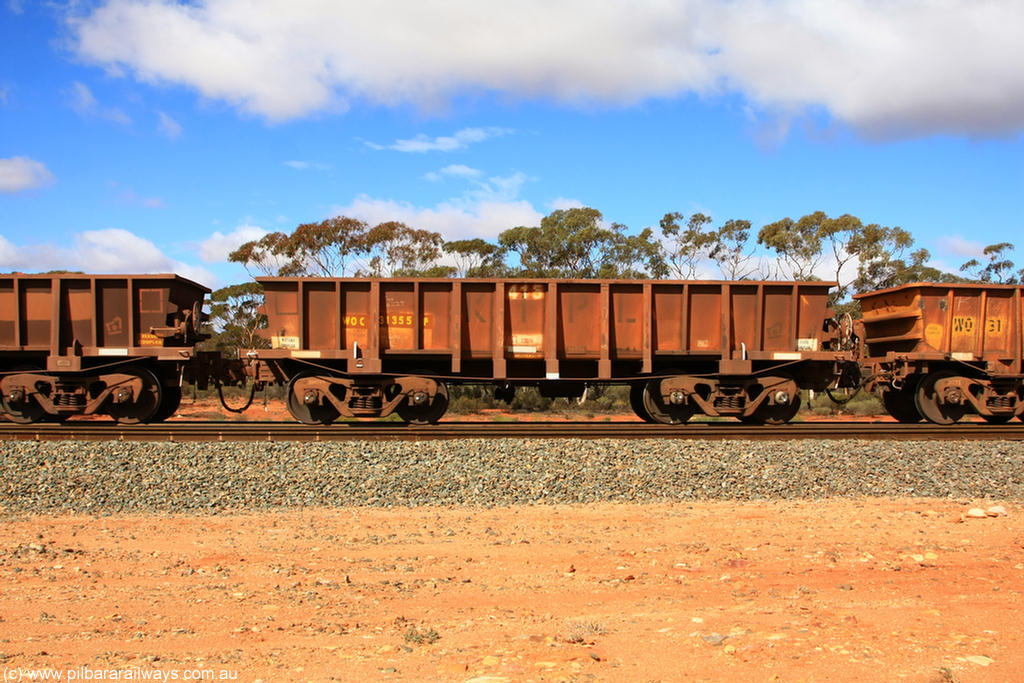 100729 01499
WOC type iron ore waggon WOC 31355 is one of a batch of thirty built by Goninan WA between October 1997 to January 1998 with fleet number 415 for Koolyanobbing iron ore operations with a 75 ton capacity and lettered for KIPL, Koolyanobbing Iron Pty Ltd, at Binduli Triangle, 29th July 2010.
Keywords: WOC-type;WOC31355;Goninan-WA;