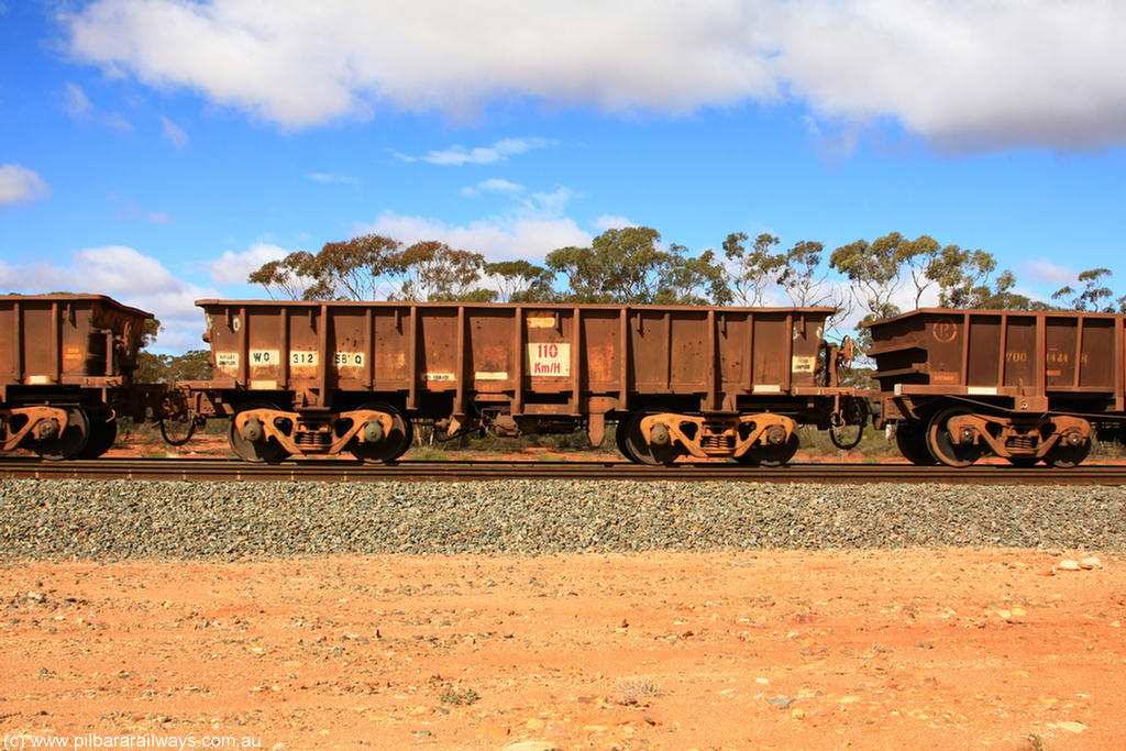 100729 01502
WO type iron ore waggon WO 31258 is one of a batch of eighty six built by WAGR Midland Workshops between 1967 and March 1968 with fleet number 145 for Koolyanobbing iron ore operations, with a 75 ton and 1018 ft³ capacity, Binduli Triangle, empty train 29th July 2010. This unit was converted to WOS superphosphate in the late 1980s till 1994 when it was re-classed back to WO.
Keywords: WO-type;WO31258;WAGR-Midland-WS;WOS-type;