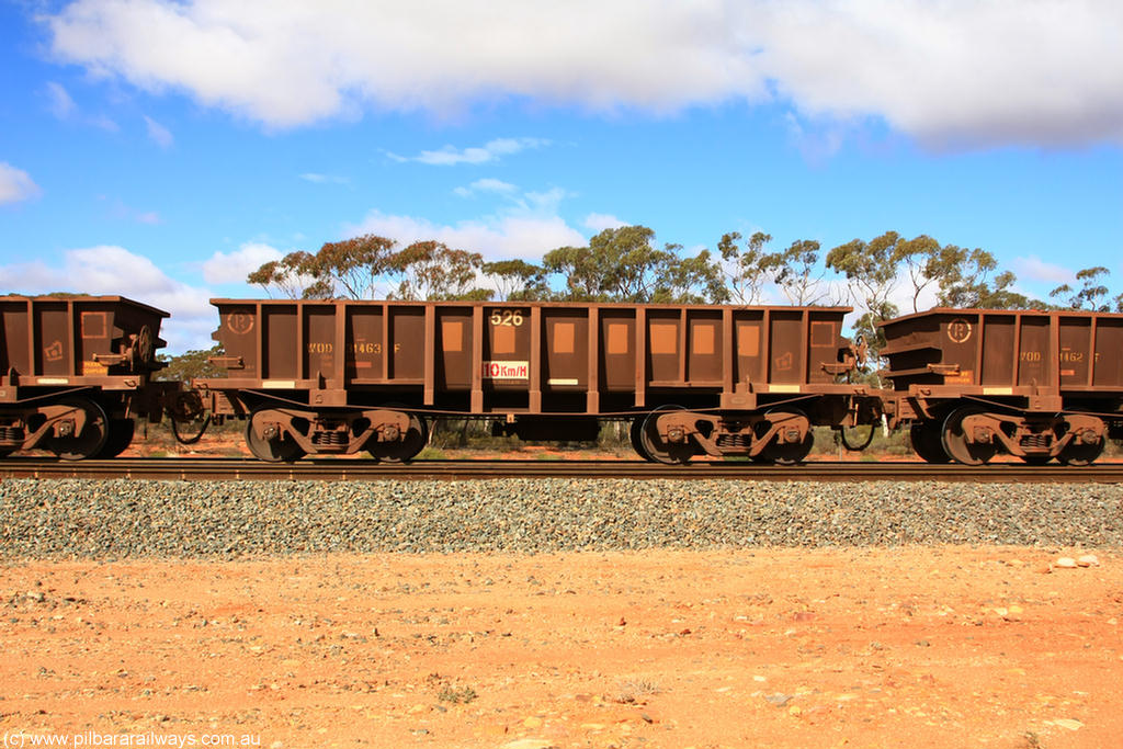 100729 01506
WOD type iron ore waggon WOD 31463 is one of a batch of sixty two built by Goninan WA between April and August 2000 with serial number 950086-035 and fleet number 526 for Koolyanobbing iron ore operations with a 75 ton capacity for Portman Mining to cart their Koolyanobbing iron ore to Esperance, now with PORTMAN painted out, Binduli Triangle, 29th July 2010.
Keywords: WOD-type;WOD31463;Goninan-WA;950086-035;