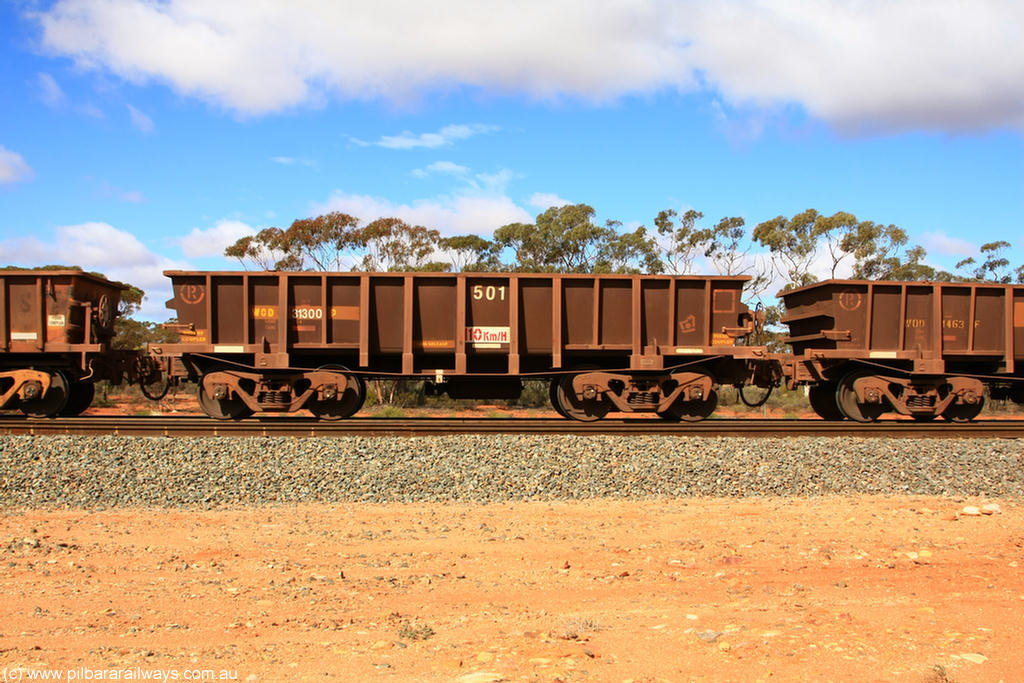 100729 01507
WOD type iron ore waggon WOD 31300 is one of a batch of sixty two built by Goninan WA between April and August 2000 with serial number 950086-011 and fleet number 501 for Koolyanobbing iron ore operations with a 75 ton capacity and a replacement for a WO type waggon number, for Portman Mining to cart their Koolyanobbing iron ore to Esperance, Binduli, 29th July 2010.
Keywords: WOD-type;WOD31300;Goninan-WA;950086-011;