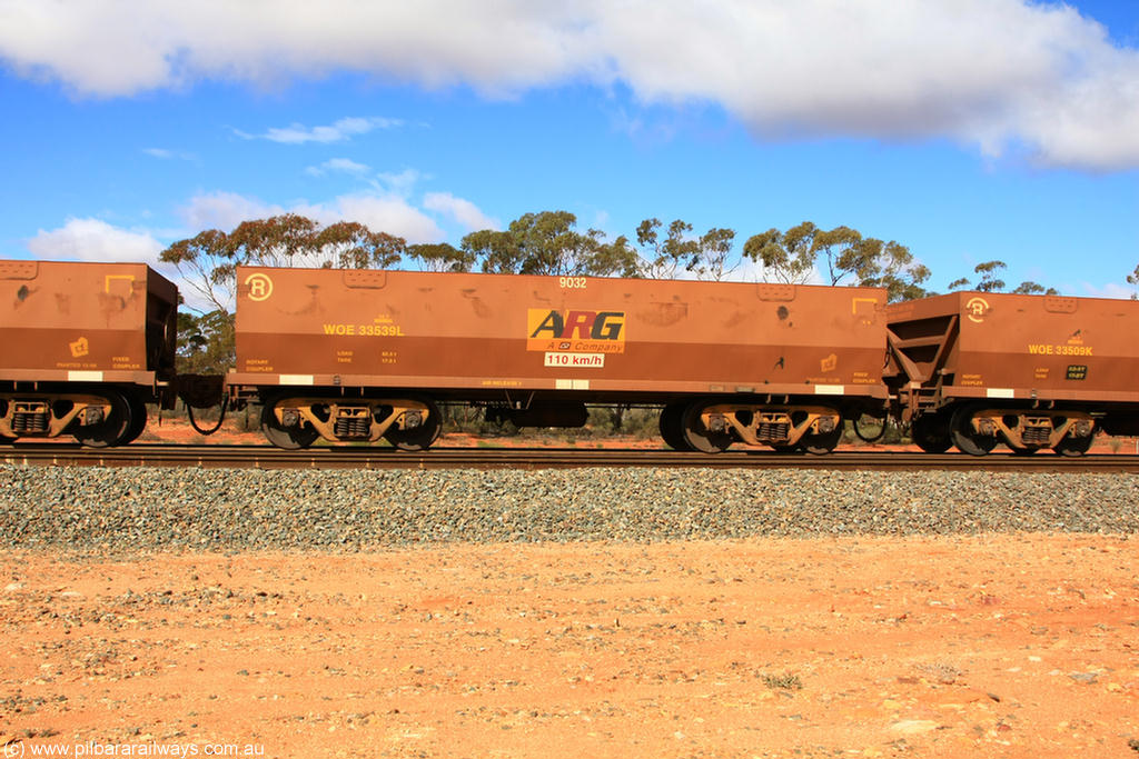 100729 01514
WOE type iron ore waggon WOE 33539 is one of a batch of one hundred and twenty eight built by United Group Rail WA between August 2008 and March 2009 with serial number 950211-079 and fleet number 9032 for Koolyanobbing iron ore operations, seen here Binduli Triangle 29th July 2010.
Keywords: WOE-type;WOE33539;United-Group-Rail-WA;950211-079;