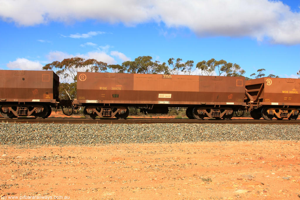 100729 01516
WOE type iron ore waggon WOE 31117 is one of a batch of one hundred and thirty built by Goninan WA between March and August 2001 with serial number 950092-107 and fleet number 700 for Koolyanobbing iron ore operations, at Binduli Triangle, 29th July 2010.
Keywords: WOE-type;WOE31117;Goninan-WA;950092-107;