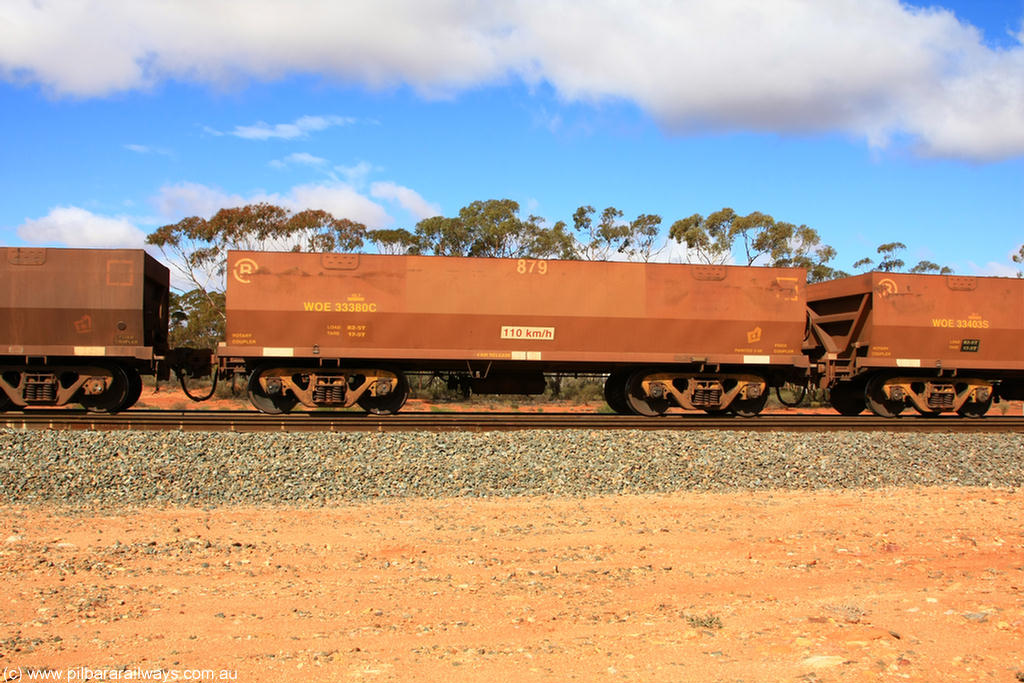 100729 01519
WOE type iron ore waggon WOE 33380 is one of a batch of one hundred and forty one built by United Group Rail WA between November 2005 and April 2006 with serial number 950142-085 and fleet number 879 for Koolyanobbing iron ore operations, with PORTMAN painted out and load revised down to 82.5 tonnes. Binduli Triangle 29th July 2010.
Keywords: WOE-type;WOE33380;United-Group-Rail-WA;950142-085;