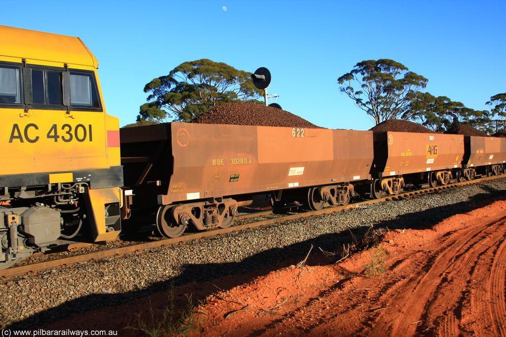 100731 02273
WOE type iron ore waggon WOE 30280 is one of a batch of one hundred and thirty built by Goninan WA between March and August 2001 with serial number 950092-030 and fleet number 622 for Koolyanobbing iron ore operations, on loaded train 6413 at Binduli Triangle, 31st July 2010.
Keywords: WOE-type;WOE30280;Goninan-WA;950092-030;