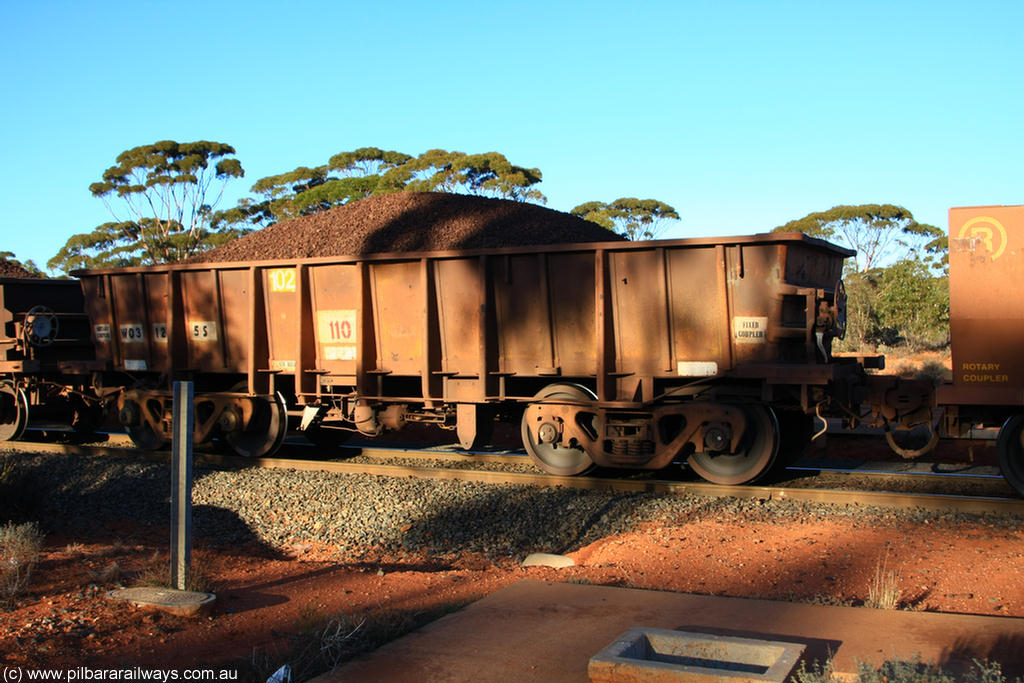 100731 02279
WO type iron ore waggon WO 31205 is one of a batch of eighty six built by WAGR Midland Workshops between 1967 and March 1968 with fleet number 102 for Koolyanobbing iron ore operations, with a 75 ton and 1018 ft.³ capacity, on loaded train 6413 at Binduli Triangle, 31st July 2010. This unit was converted to WOS superphosphate in the late 1980s till 1994 when it was re-classed back to WO.
Keywords: WO-type;WO31205;WAGR-Midland-WS;WOS-type;