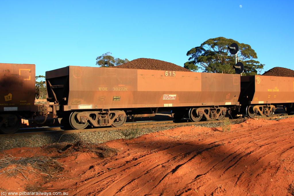 100731 02286
WOE type iron ore waggon WOE 30272 is one of a batch of one hundred and thirty built by Goninan WA between March and August 2001 with serial number 950092-022 and fleet number 615 for Koolyanobbing iron ore operations, on loaded train 6413 at Binduli Triangle, 31st July 2010.
Keywords: WOE-type;WOE30272;Goninan-WA;950092-022;
