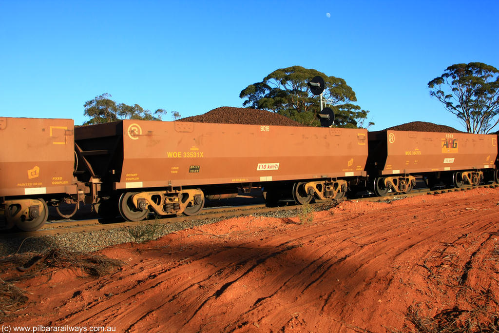 100731 02288
WOE type iron ore waggon WOE 33531 is one of a batch of one hundred and twenty eight built by United Group Rail WA between August 2008 and March 2009 with serial number 950211-071 and fleet number 9016 for Koolyanobbing iron ore operations, on loaded train 6413 at Binduli Triangle, 31st July 2010.
Keywords: WOE-type;WOE33531;United-Group-Rail-WA;950211-071;