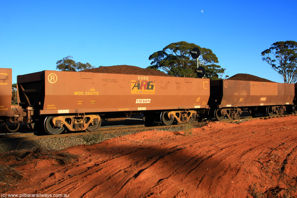 100731 02289
WOE type iron ore waggon WOE 33477 is one of a batch of one hundred and twenty eight built by United Group Rail WA between August 2008 and March 2009 with serial number 950211-019 and fleet number 8969 for Koolyanobbing iron ore operations, the 8 being a addition due to fleet size, build date of 09/2008 with a revised load of 82.5 tonnes with an ARG decal applied to the side, on loaded train 6413 at Binduli Triangle, 31st July 2010.
Keywords: WOE-type;WOE33477;United-Group-Rail-WA;950211-019;