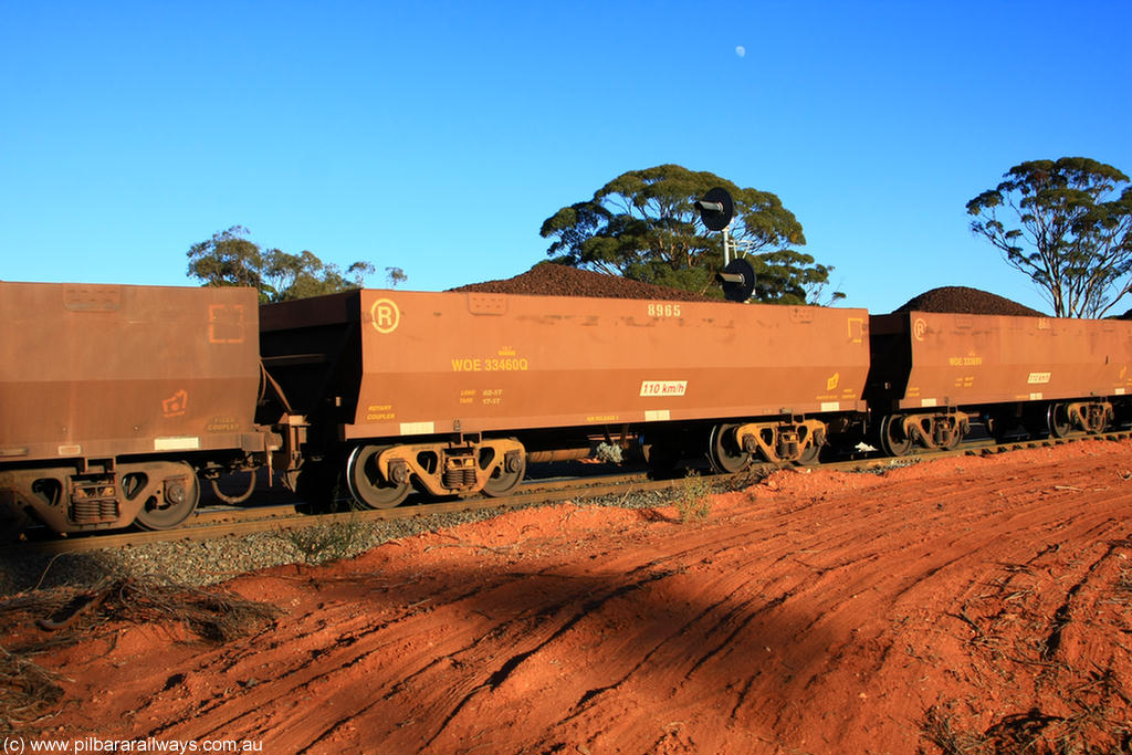 100731 02296
WOE type iron ore waggon WOE 33460 is one of a batch of one hundred and twenty eight built by United Group Rail WA between August 2008 and March 2009 with serial number 950211-002 and fleet number 8965 for Koolyanobbing iron ore operations, on loaded train 6413 at Binduli Triangle, 31st July 2010.
Keywords: WOE-type;WOE33460;United-Group-Rail-WA;950211-002;