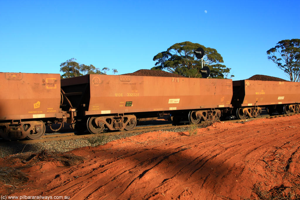100731 02315
WOE type iron ore waggon WOE 33272 is one of a batch of thirty five built by Goninan WA between January and April 2005 with serial number 950104-012 and fleet number 771 for Koolyanobbing iron ore operations, on loaded train 6413 at Binduli Triangle, 31st July 2010.
Keywords: WOE-type;WOE33272;Goninan-WA;950104-012;