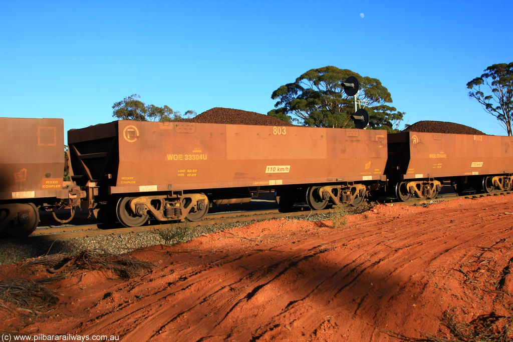 100731 02320
WOE type iron ore waggon WOE 33304 is one of a batch of one hundred and forty one built by United Goninan WA between November 2005 and April 2006 with serial number 950142-009 and fleet number 803 for Koolyanobbing iron ore operations, on loaded train 6413 at Binduli Triangle, 31st July 2010.
Keywords: WOE-type;WOE33304;United-Goninan-WA;950142-009;