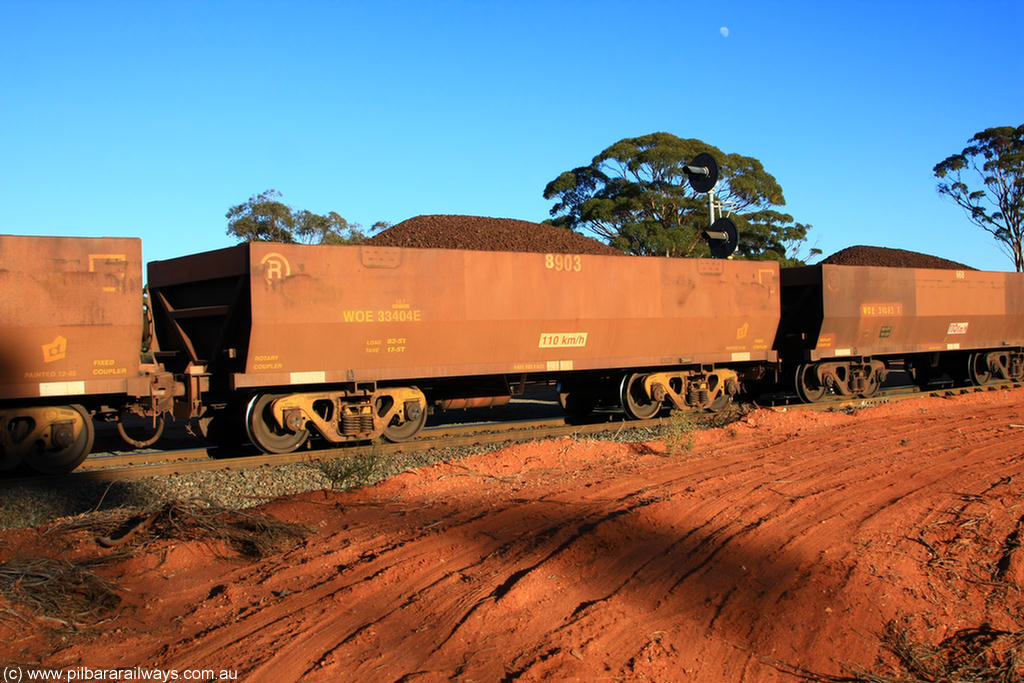 100731 02321
WOE type iron ore waggon WOE 33404 is one of a batch of one hundred and forty one built by United Group Rail WA between November 2005 and April 2006 with serial number 950142-109 and fleet number 8903 for Koolyanobbing iron ore operations, on loaded train 6413 at Binduli Triangle, 31st July 2010.
Keywords: WOE-type;WOE33404;United-Group-Rail-WA;950142-109;