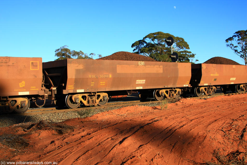 100731 02328
WOE type iron ore waggon WOE 30288 is one of a batch of one hundred and thirty built by Goninan WA between March and August 2001 with serial number 950092-038 and fleet number 630 for Koolyanobbing iron ore operations, on loaded train 6413 at Binduli Triangle, 31st July 2010.
Keywords: WOE-type;WOE30288;Goninan-WA;950092-038;