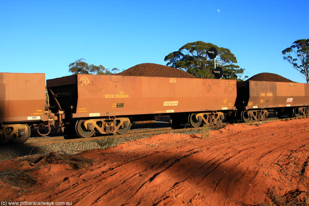 100731 02329
WOE type iron ore waggon WOE 33386 is one of a batch of one hundred and forty one built by United Group Rail WA between November 2005 and April 2006 with serial number 950142-091 and fleet number 885 for Koolyanobbing iron ore operations, on loaded train 6413 at Binduli Triangle, 31st July 2010.
Keywords: WOE-type;WOE33386;United-Group-Rail-WA;950142-091;