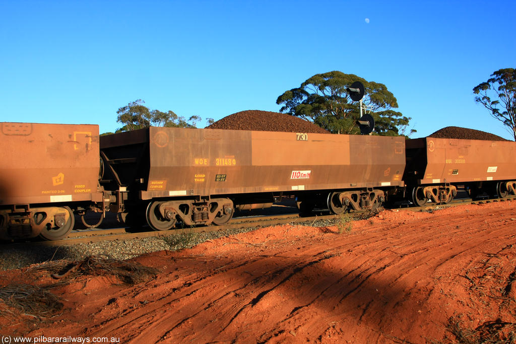 100731 02330
WOE type iron ore waggon WOE 31148 is one of a batch of fifteen built by Goninan WA between April and May 2002 with fleet number 730 for Koolyanobbing iron ore operations, on loaded train 6413 at Binduli Triangle, 31st July 2010.
Keywords: WOE-type;WOE31148;Goninan-WA;