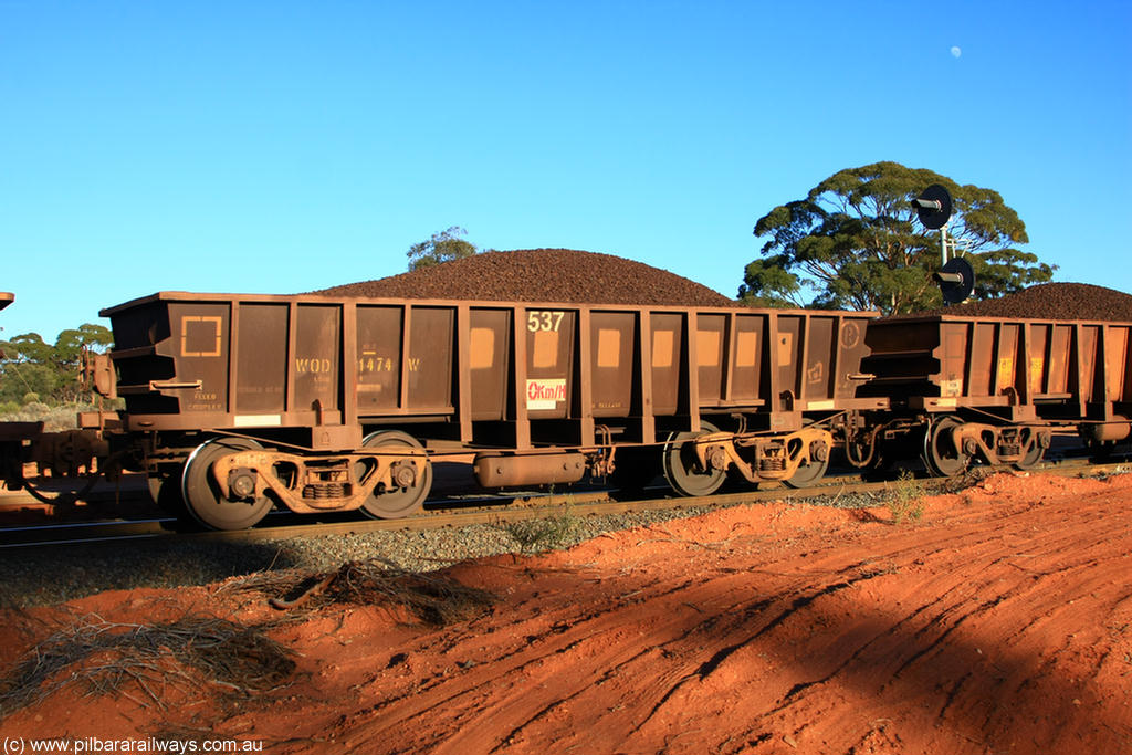 100731 02361
WOD type iron ore waggon WOD 31474 is one of a batch of sixty two built by Goninan WA between April and August 2000 with serial number 950086-046 and fleet number 537 for Koolyanobbing iron ore operations with a 75 ton capacity for Portman Mining to cart their Koolyanobbing iron ore to Esperance, now with PORTMAN painted out, on loaded train 6413 at Binduli Triangle, 31st July 2010.
Keywords: WOD-type;WOD31474;Goninan-WA;950086-046;