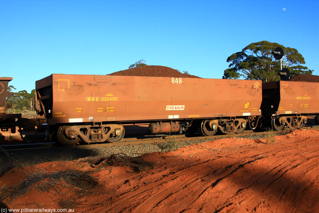 100731 02364
WOE type iron ore waggon WOE 33349 is one of a batch of one hundred and forty one built by United Goninan WA between November 2005 and April 2006 with serial number 950142-054 and fleet number 848 for Koolyanobbing iron ore operations, on loaded train 6413 at Binduli Triangle, 31st July 2010.
Keywords: WOE-type;WOE33349;United-Goninan-WA;950142-054;