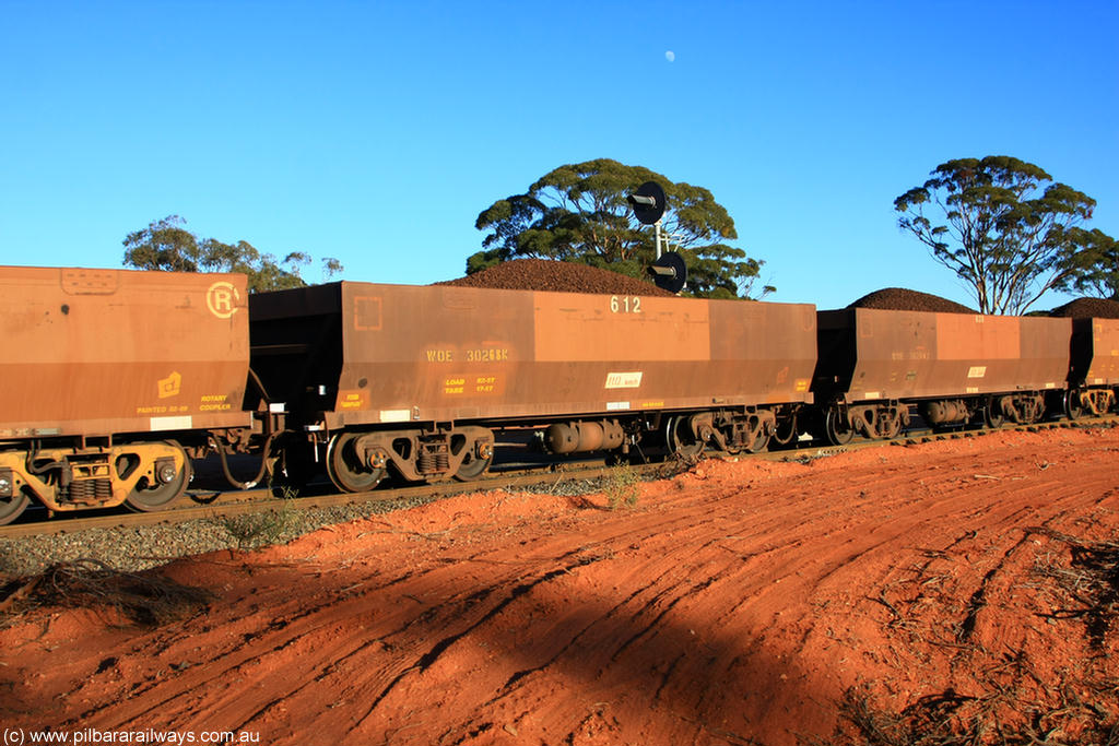 100731 02370
WOE type iron ore waggon WOE 30268 is one of a batch of one hundred and thirty built by Goninan WA between March and August 2001 with serial number 950092-018 and fleet number 612 for Koolyanobbing iron ore operations, on loaded train 6413 at Binduli Triangle, 31st July 2010.
Keywords: WOE-type;WOE30268;Goninan-WA;950092-018;