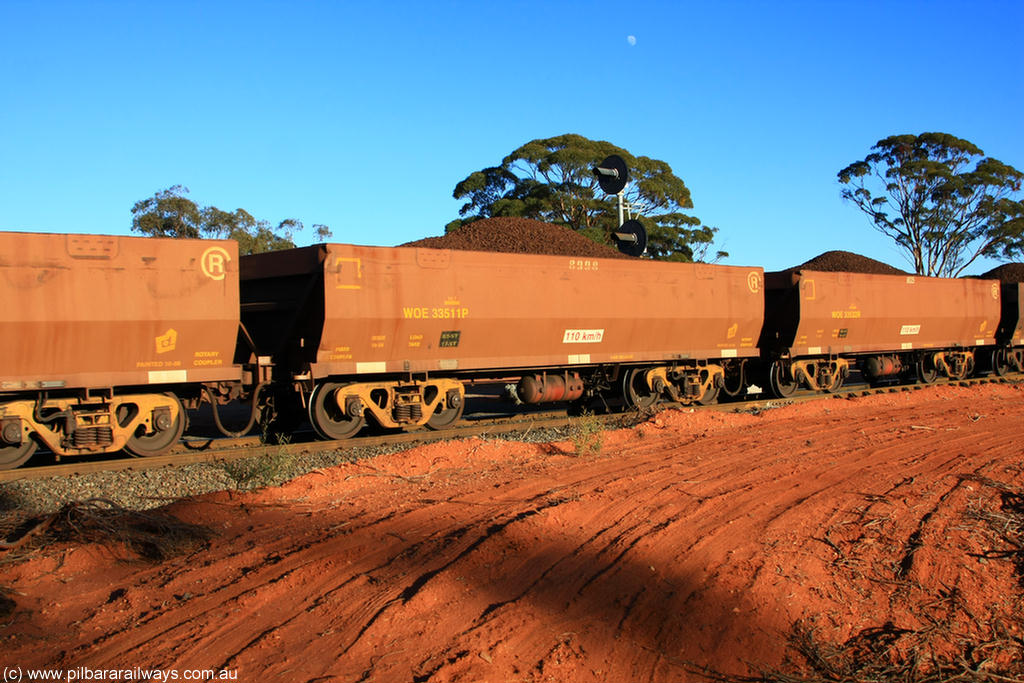 100731 02373
WOE type iron ore waggon WOE 33511 is one of a batch of one hundred and twenty eight built by United Group Rail WA between August 2008 and March 2009 with serial number 950211-051 and fleet number 8998 for Koolyanobbing iron ore operations, on loaded train 6413 at Binduli Triangle, 31st July 2010.
Keywords: WOE-type;WOE33511;United-Group-Rail-WA;950211-051;