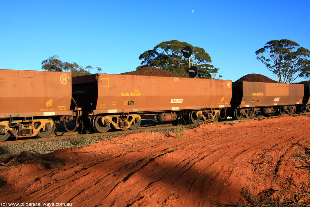 100731 02374
WOE type iron ore waggon WOE 33532 is one of a batch of one hundred and twenty eight built by United Group Rail WA between August 2008 and March 2009 with serial number 950211-072 and fleet number 9025 for Koolyanobbing iron ore operations, on loaded train 6413 at Binduli Triangle, 31st July 2010.
Keywords: WOE-type;WOE33532;United-Group-Rail-WA;950211-072;