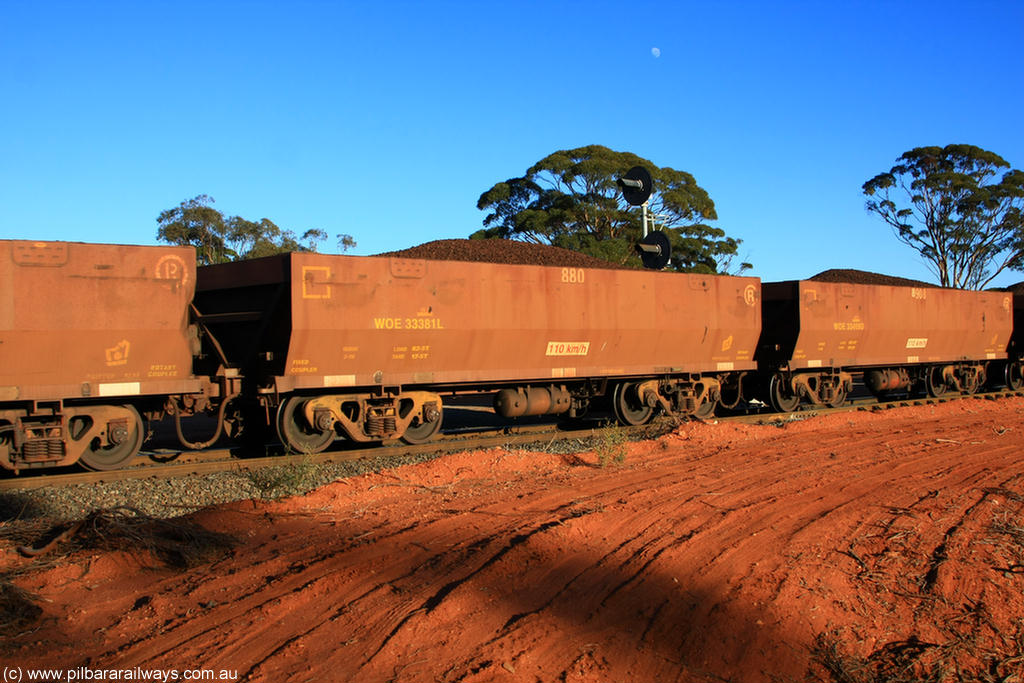 100731 02381
WOE type iron ore waggon WOE 33381 is one of a batch of one hundred and forty one built by United Group Rail WA between November 2005 and April 2006 with serial number 950142-086 and fleet number 880 for Koolyanobbing iron ore operations, on loaded train 6413 at Binduli Triangle, 31st July 2010.
Keywords: WOE-type;WOE33381;United-Group-Rail-WA;950142-086;