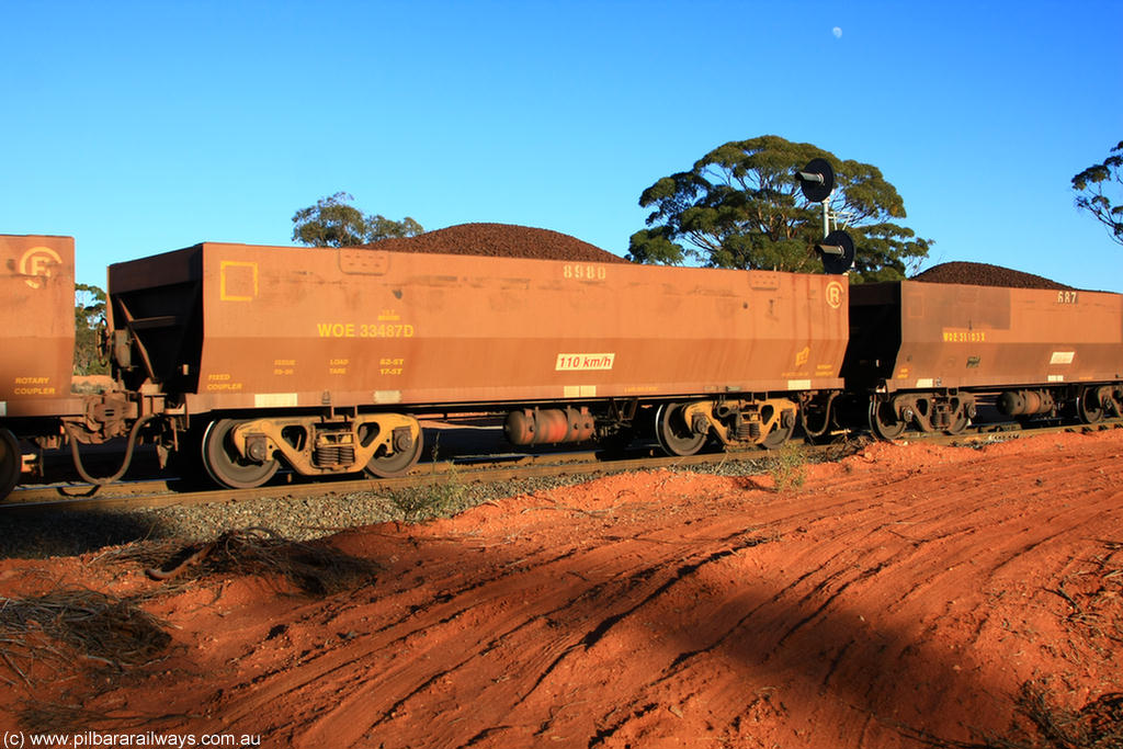 100731 02387
WOE type iron ore waggon WOE 33487 is one of a batch of one hundred and twenty eight built by United Group Rail WA between August 2008 and March 2009 with serial number 950211-027 and fleet number 8980 for Koolyanobbing iron ore operations, on loaded train 6413 at Binduli Triangle, 31st July 2010.
Keywords: WOE-type;WOE33487;United-Group-Rail-WA;950211-027;