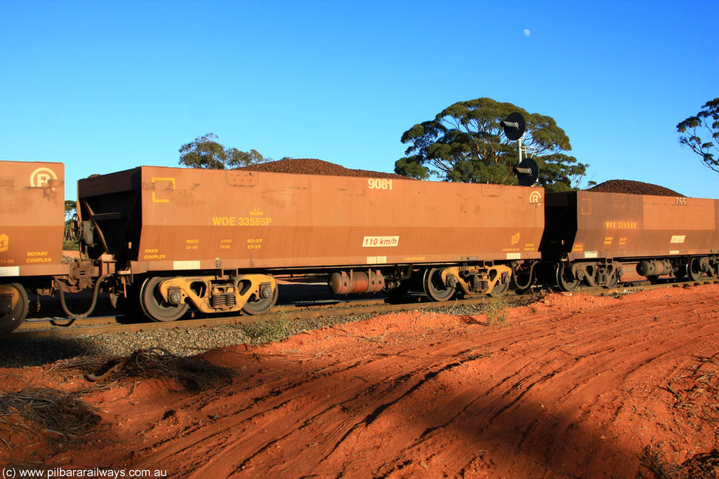 100731 02398
WOE type iron ore waggon WOE 33585 is one of a batch of one hundred and twenty eight built by United Group Rail WA between August 2008 and March 2009 with serial number 950211-125 and fleet number 9081 for Koolyanobbing iron ore operations, on loaded train 6413 at Binduli Triangle, 31st July 2010.
Keywords: WOE-type;WOE33585;United-Group-Rail-WA;950211-125;