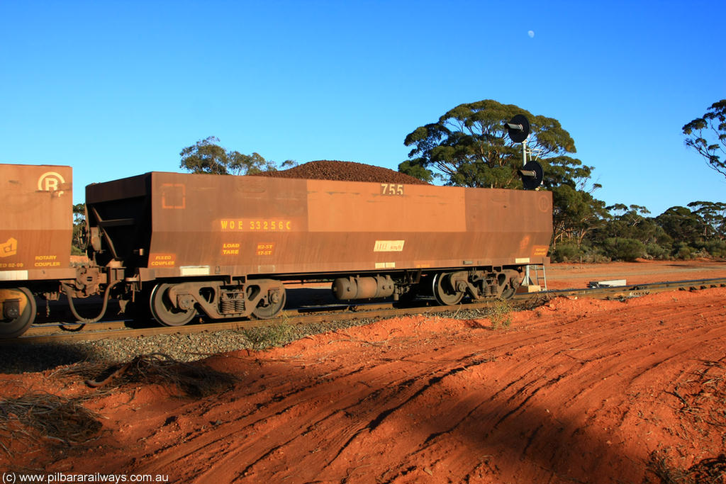 100731 02399
WOE type iron ore waggon WOE 33256 is one of a batch of twenty seven built by Goninan WA between September and October 2002 with serial number 950103-023 and fleet number 755 for Koolyanobbing iron ore operations, on loaded train 6413 at Binduli Triangle, 31st July 2010.
Keywords: WOE-type;WOE33256;Goninan-WA;950103-023;
