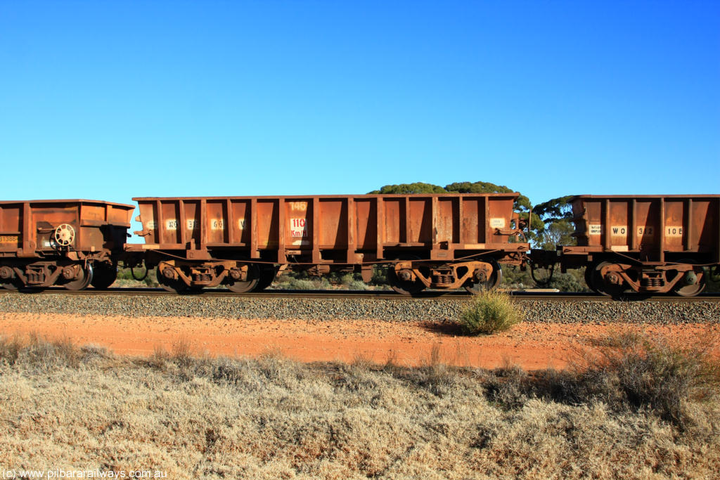100731 02438
WO type iron ore waggon WO 31260 is one of a batch of sixty two built by Goninan WA between April and August 2000 with serial number 950086-010 and fleet number 146 for Koolyanobbing iron ore operations, and is a Goninan built replacement WO type waggon that replaces the original WAGR built WO type waggon with the newer style WOD type and has square features opposed to the curved ones as on the original WO class, on empty train 6418 at Binduli Triangle, 31st July 2010.
Keywords: WO-type;WO31260;WAGR-Midland-WS;